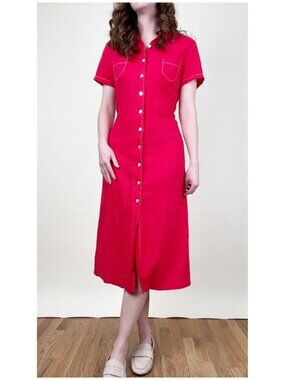 Vintage 90s Linen Midi Sun Dress Button Down Up Shirtdress Casual Sundress 1990s